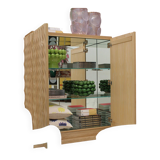 Brutalist Style Hand-carved Solid Oak Wood and Glass Mirror Italian Bar Cabinet