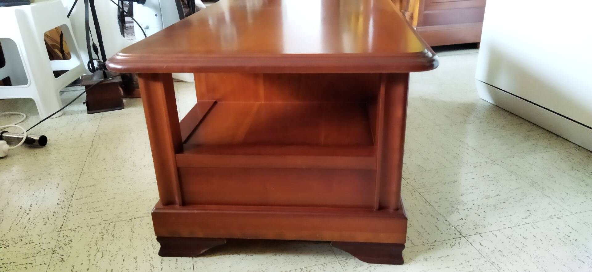 Louis Philippe style coffee table in cherry wood with large drawers.