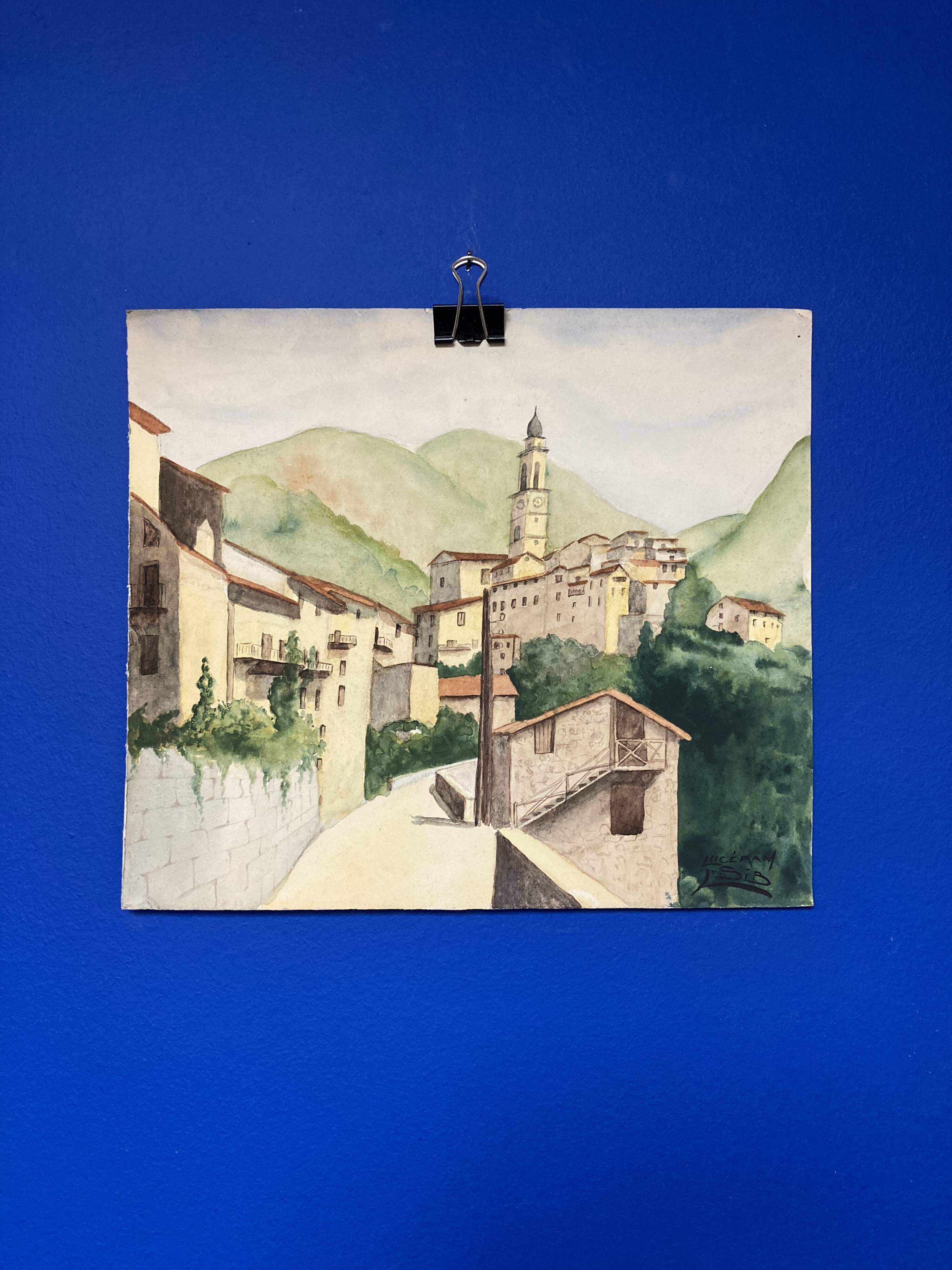 Signed watercolor of landscape with bell tower