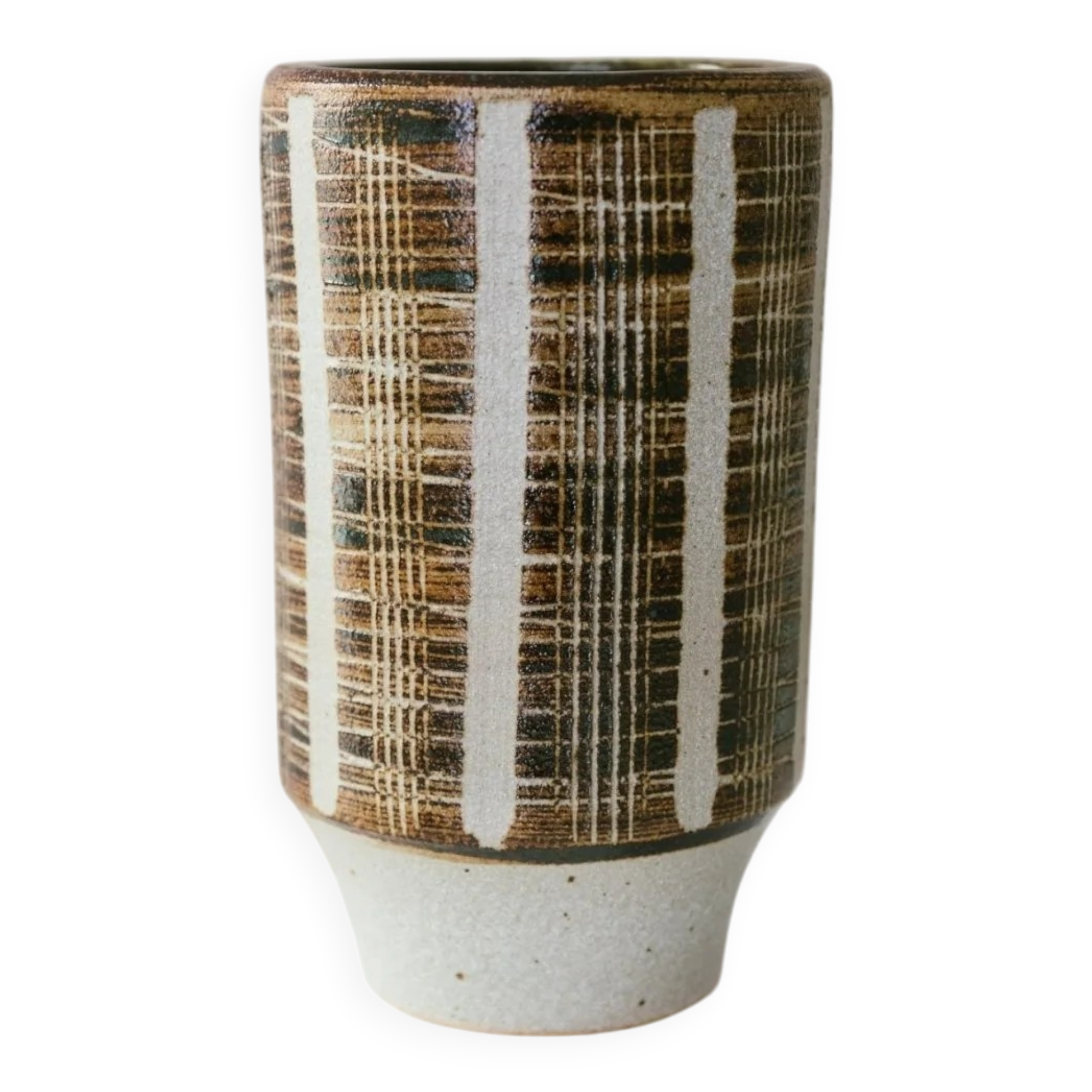 Brown Beige Ceramic Vase - Mid-Century Studio Vase, 1960s, Crosshatch Texture