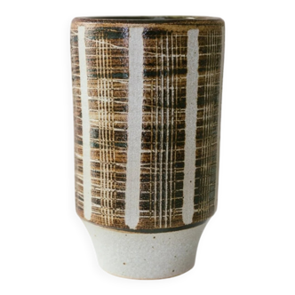 Brown Beige Ceramic Vase - Mid-Century Studio Vase, 1960s, Crosshatch Texture