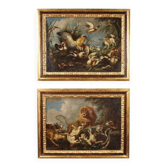 Paire de tableaux flamands du XVIIIe siècle, scènes de chasse