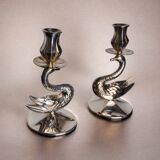 Pair of art deco swan candlesticks in alpaca, Spain, 1970