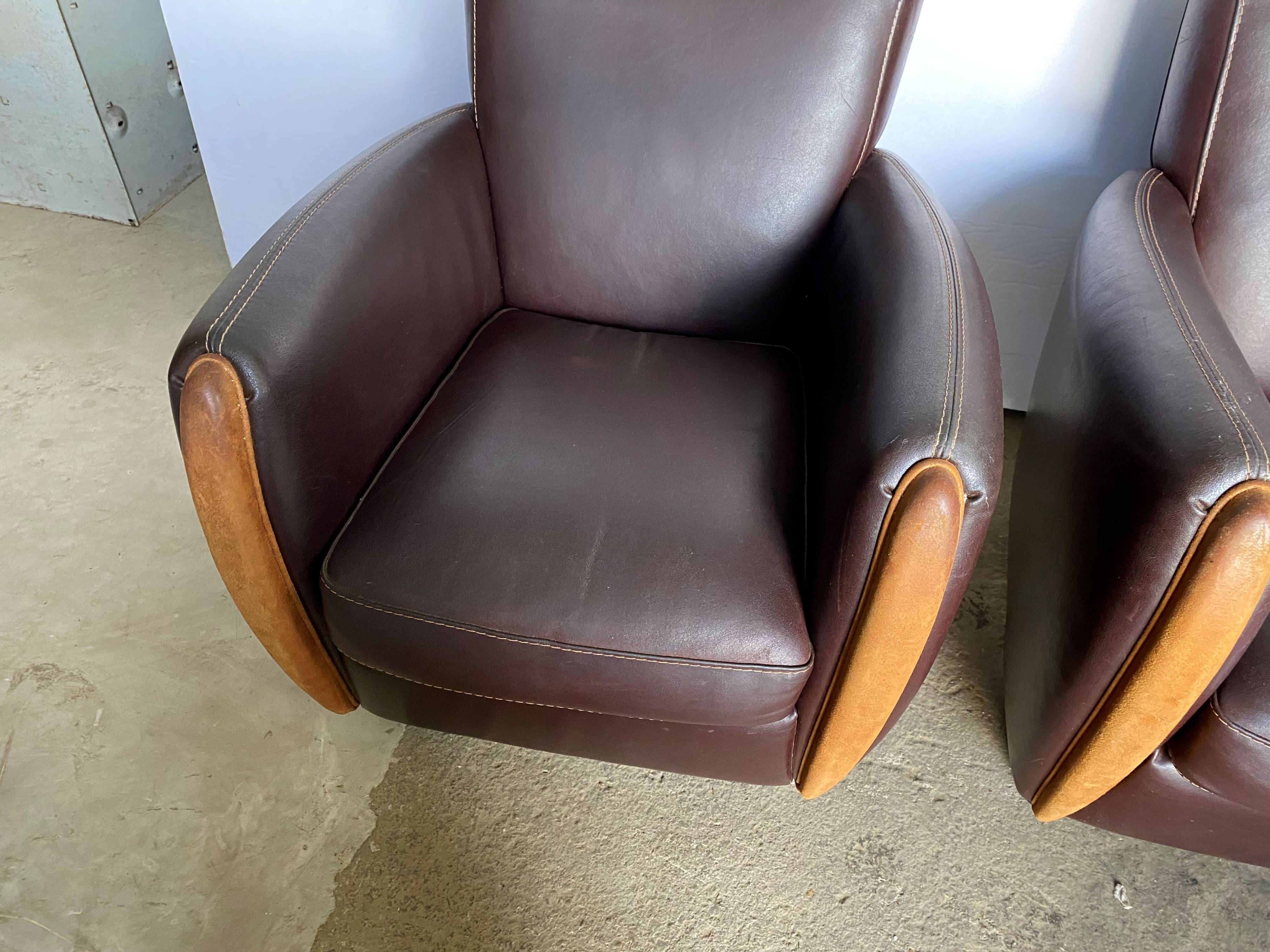 Pair of vintage brown leather club armchairs from the 70s