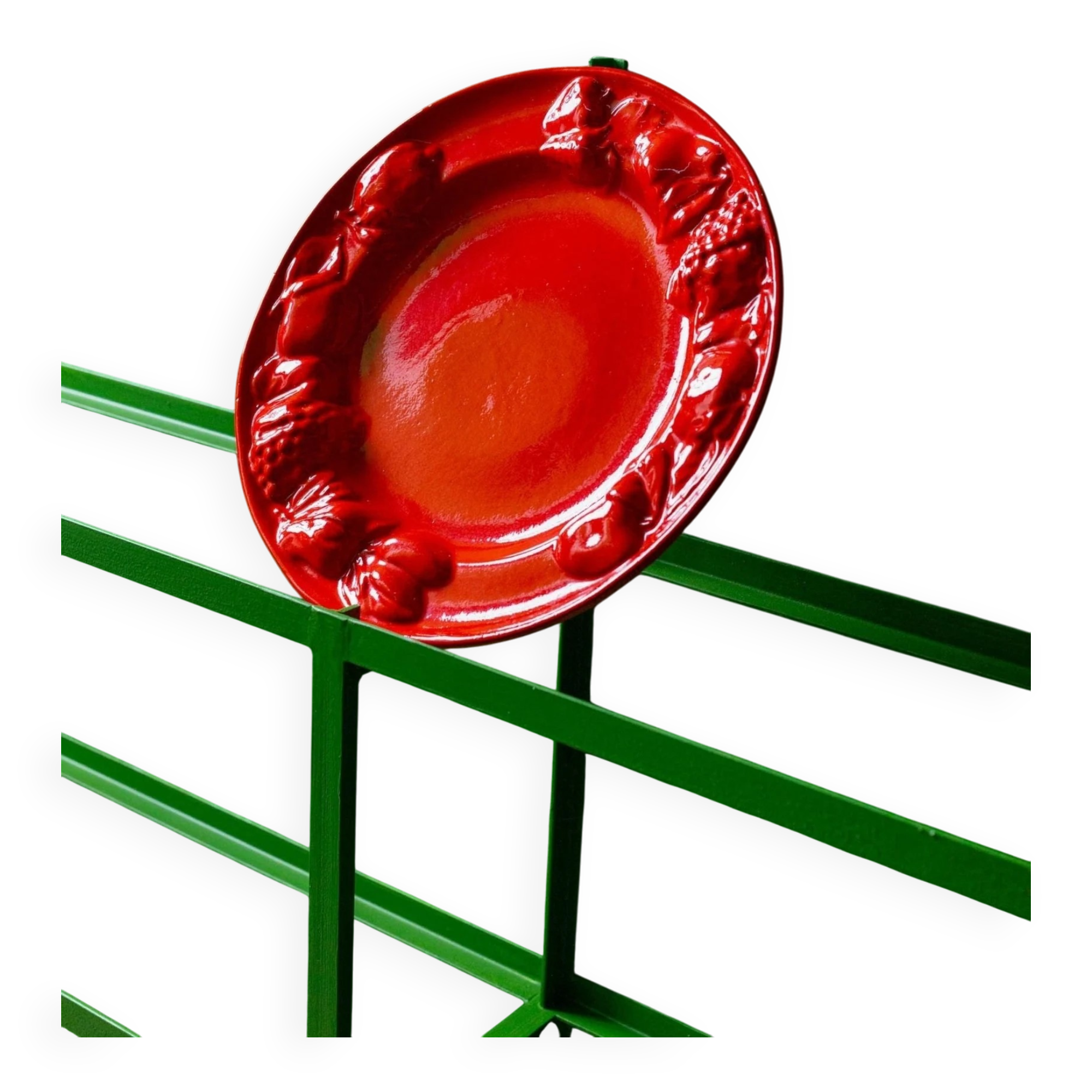 Red glazed ceramic fruit platter with three-dimensional fruit relief, vintage Italy 1980s, Mid-Century design