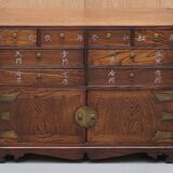 Elm apothecary cabinet with cupboard base