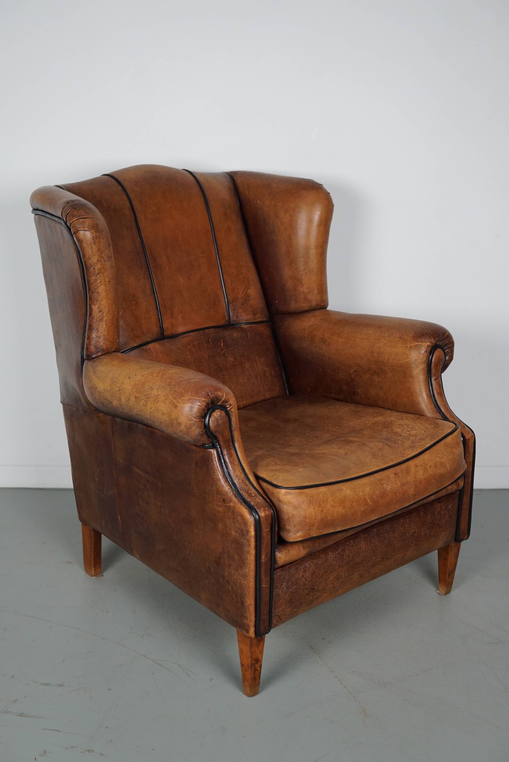Fauteuil hollandais vintage en cuir cognac