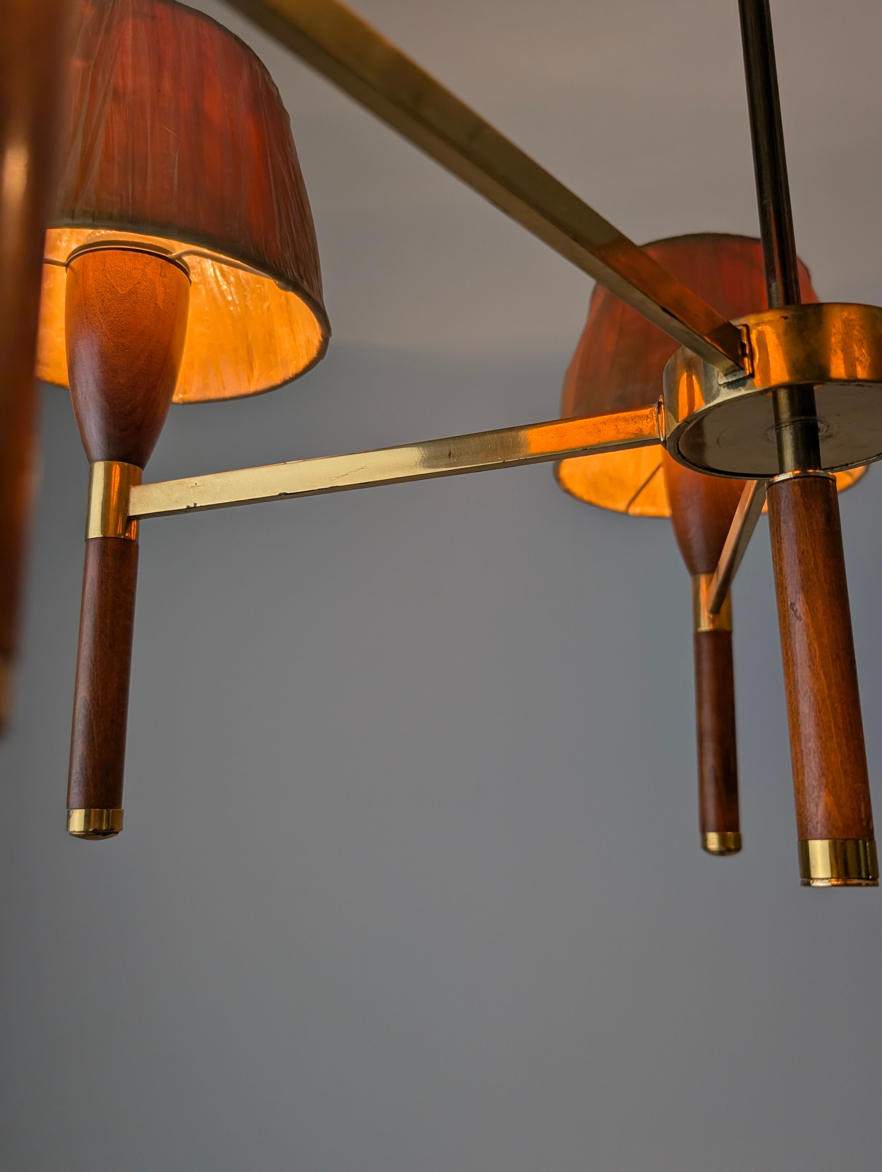 Danish five-arm lamp in wood and brass, 1950s
