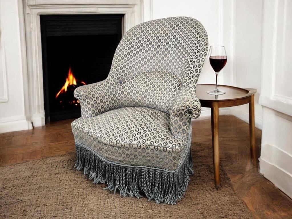 Fauteuil crapaud vintage en tissu gris