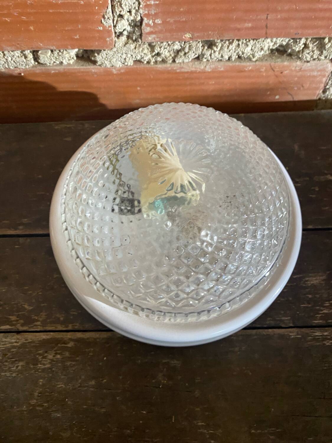 Vintage Round Ceiling Light Moulded Glass + White Metal Surround #D90