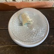 Vintage Round Ceiling Light Moulded Glass + White Metal Surround #D90