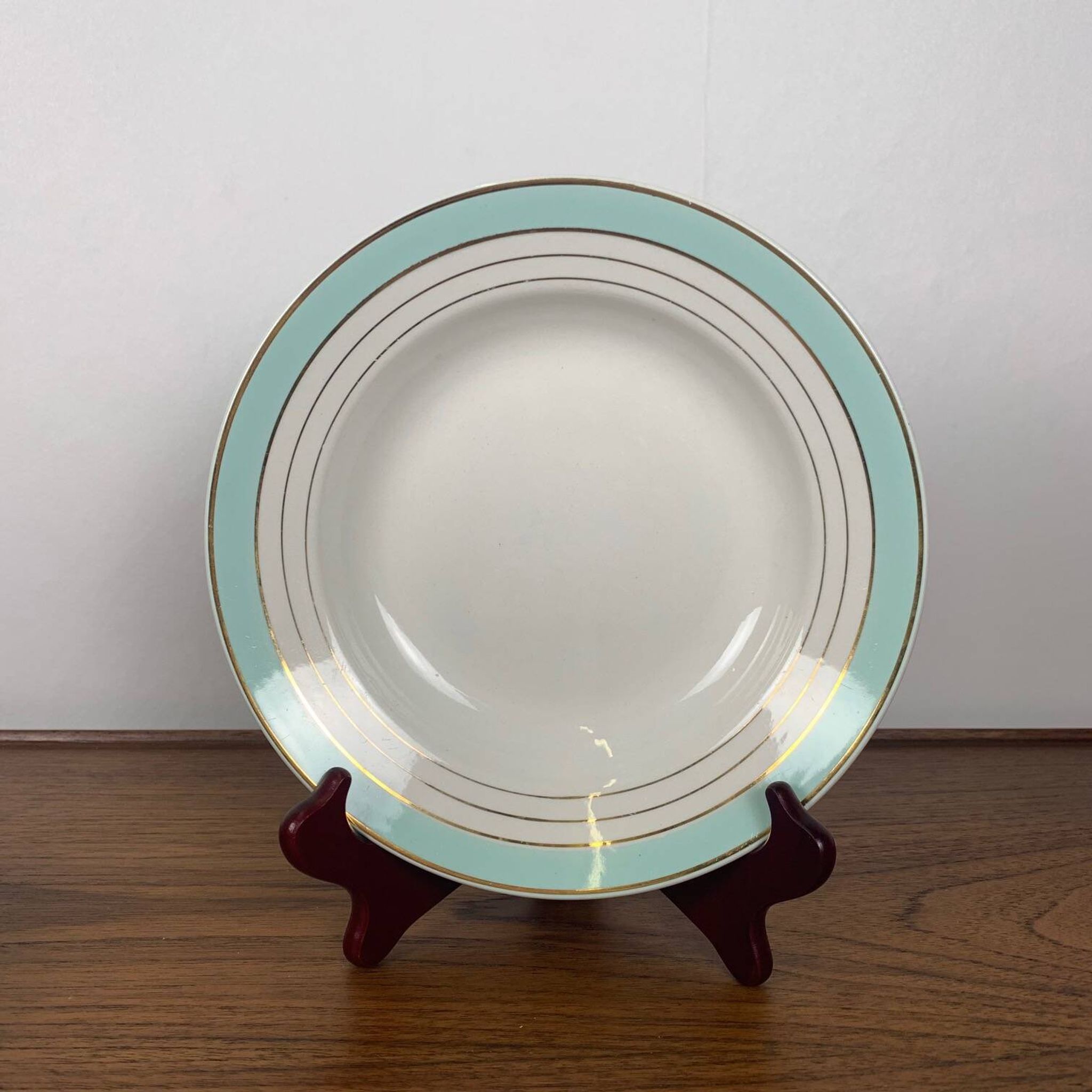 Set of 6 Lunéville soup plates, "Régence" model, water green and 4 lines