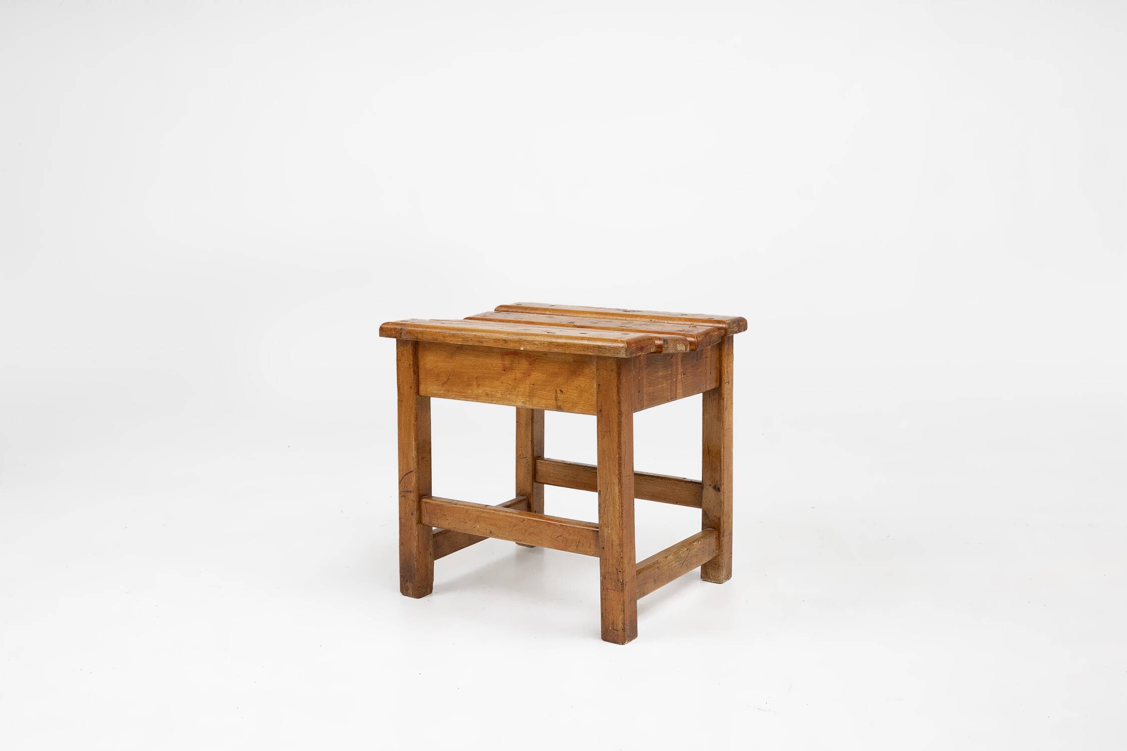 Industrial brutalist wooden stool, Belgium ca. 1920