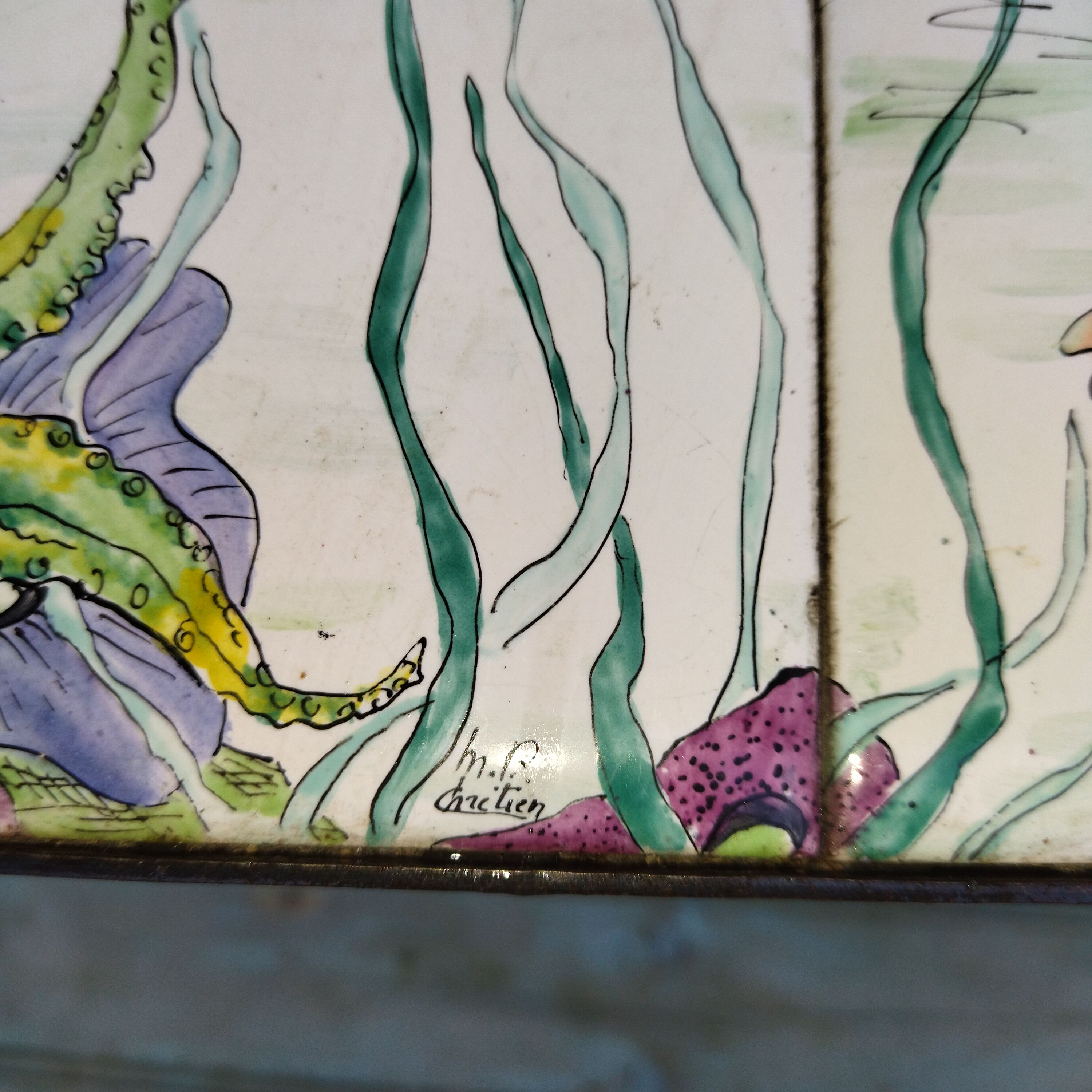 2 coffee tables wrought iron and lake tiles signed