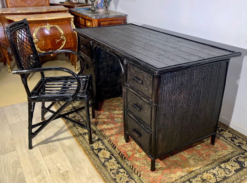 Desk and office chair in bamboo and black lacquered rattan, 60s, 70s