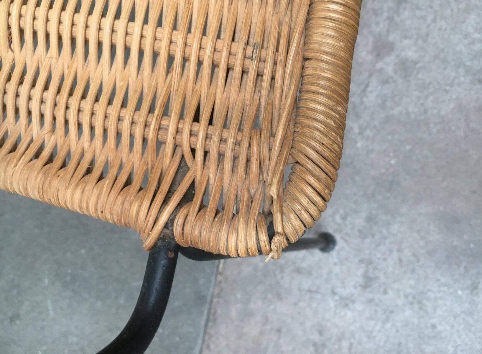 Mid-century metal and rattan dining chairs, set of 3.
