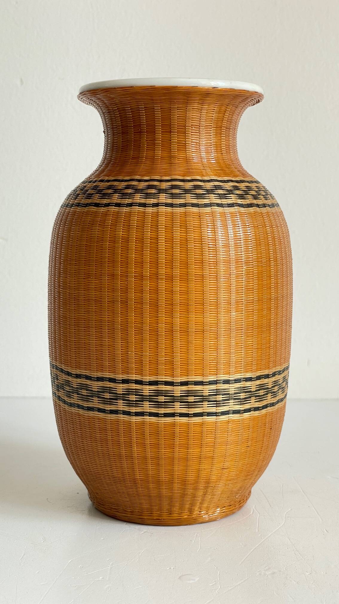 VINTAGE Woven Bamboo and Fine Porcelain VASE