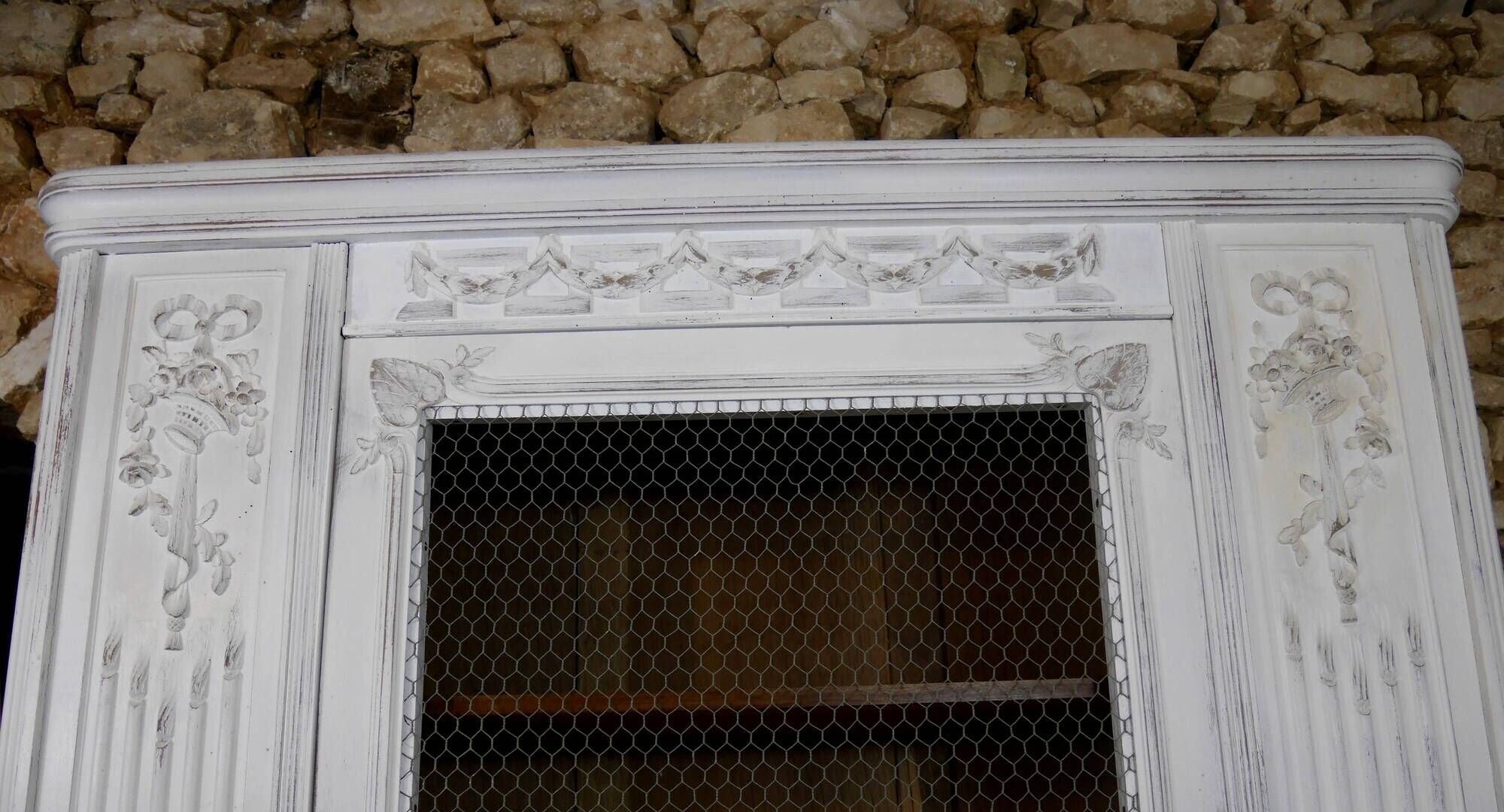 shabby wardrobe with Louis XVI style mesh door