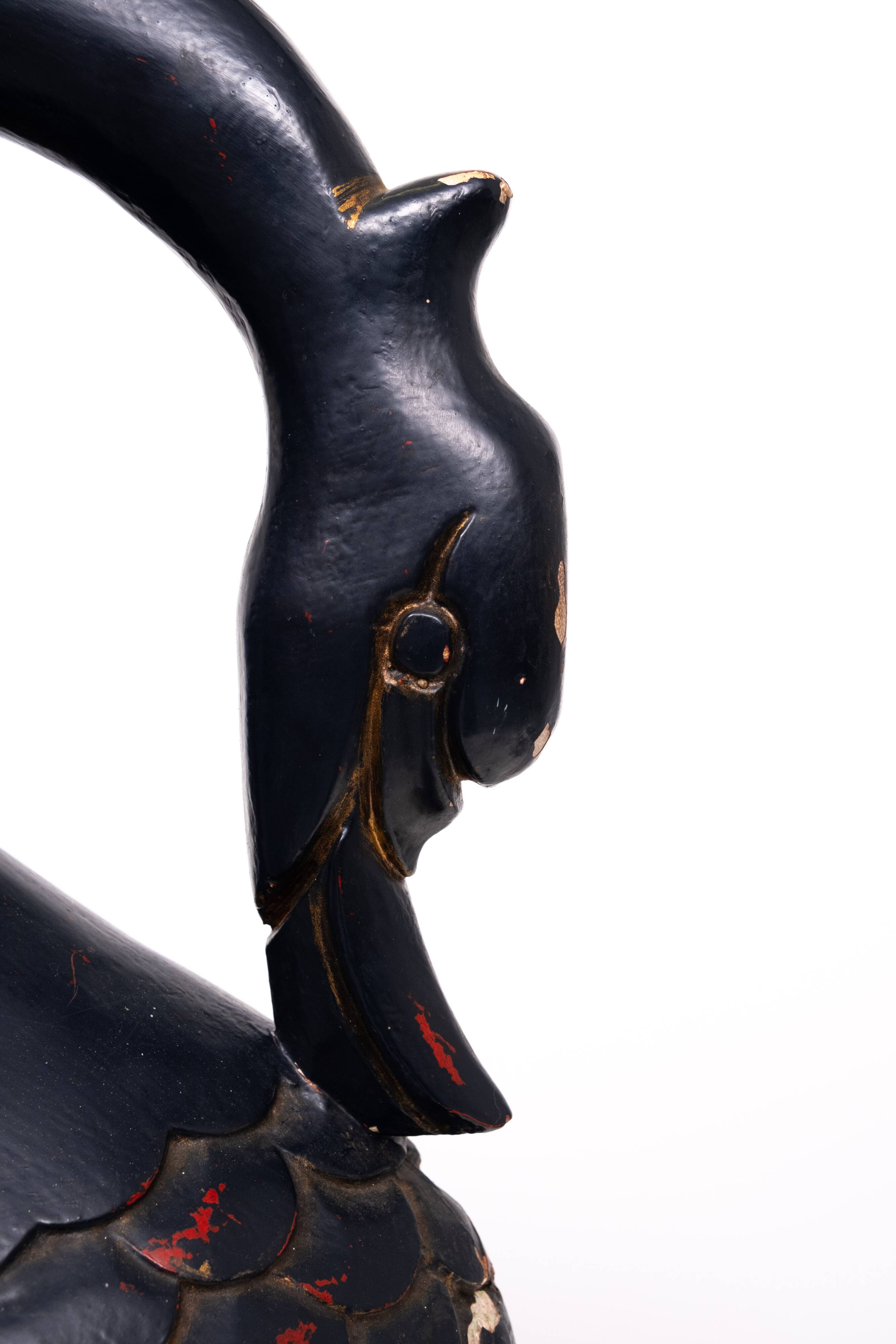 Mid Century Large Black Wooden Swan