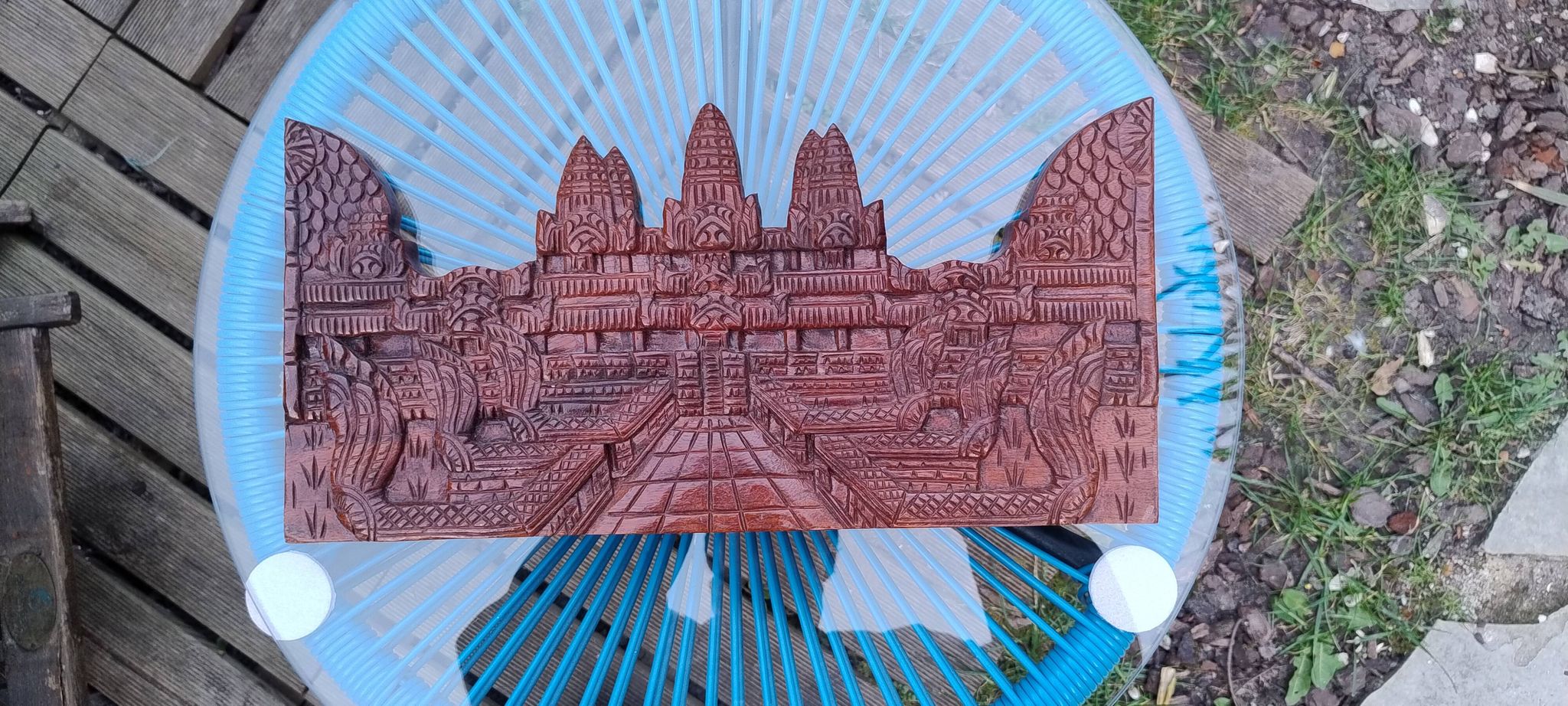 Carved wooden relief, reproduction of the Angkor Wat temple.
