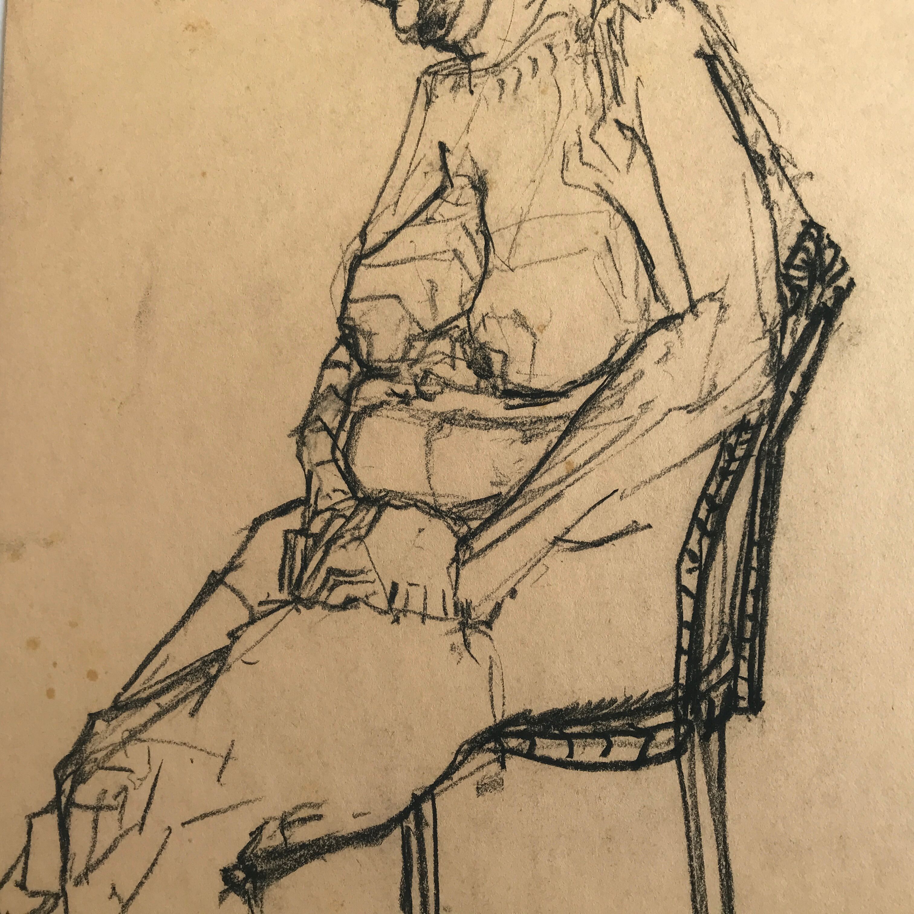 Charcoal sketch on paper by robert haisley, model study, sleepy on a chair