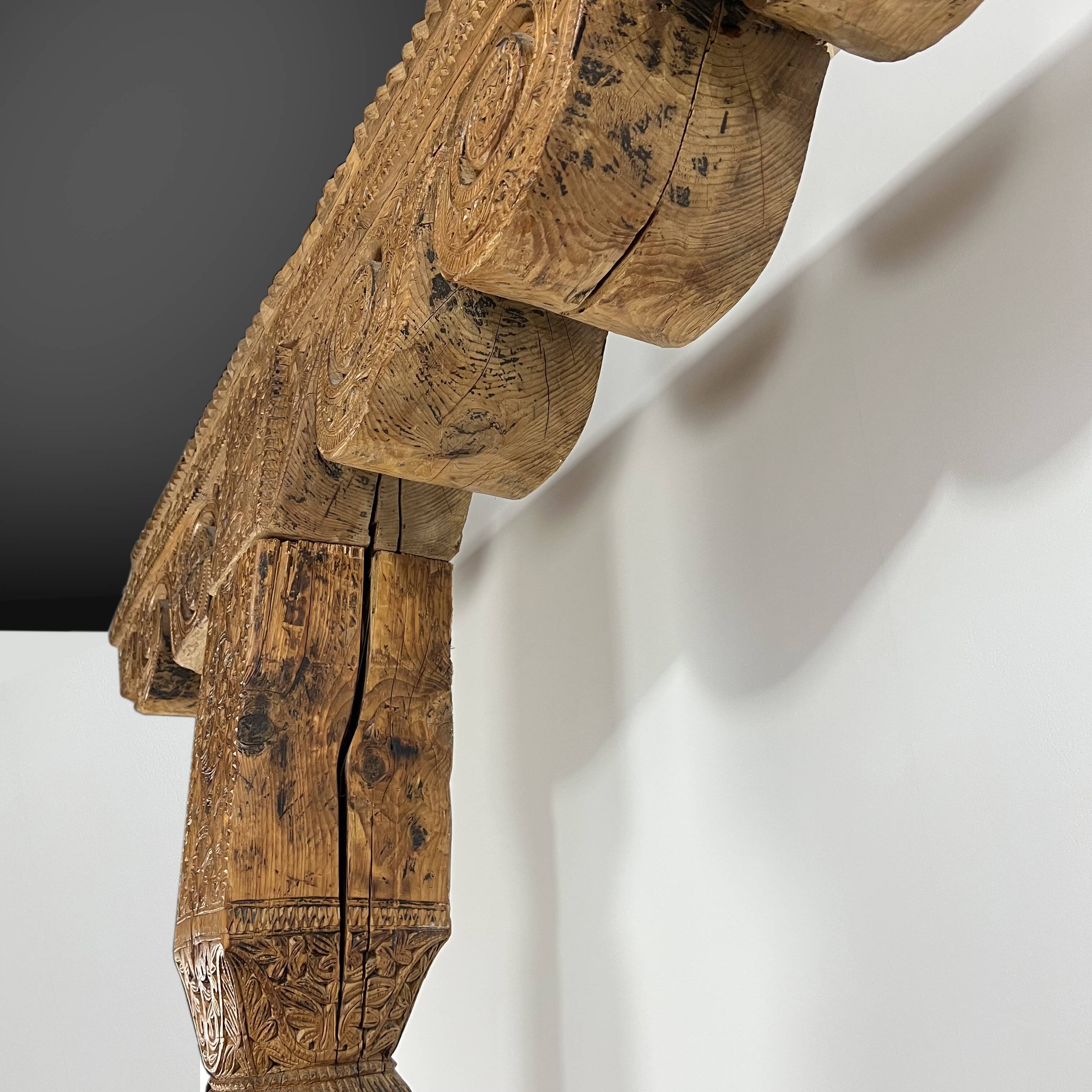 Ancient large carved cedar pillar column from Pakistan, India.