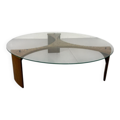Table basse ronde en wengé et verre de style moderniste du milieu du siècle, années 1970