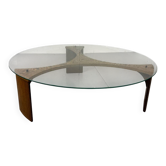 Mid-Century Modernist Wenge and Glass Round Coffee Table, 1970s
