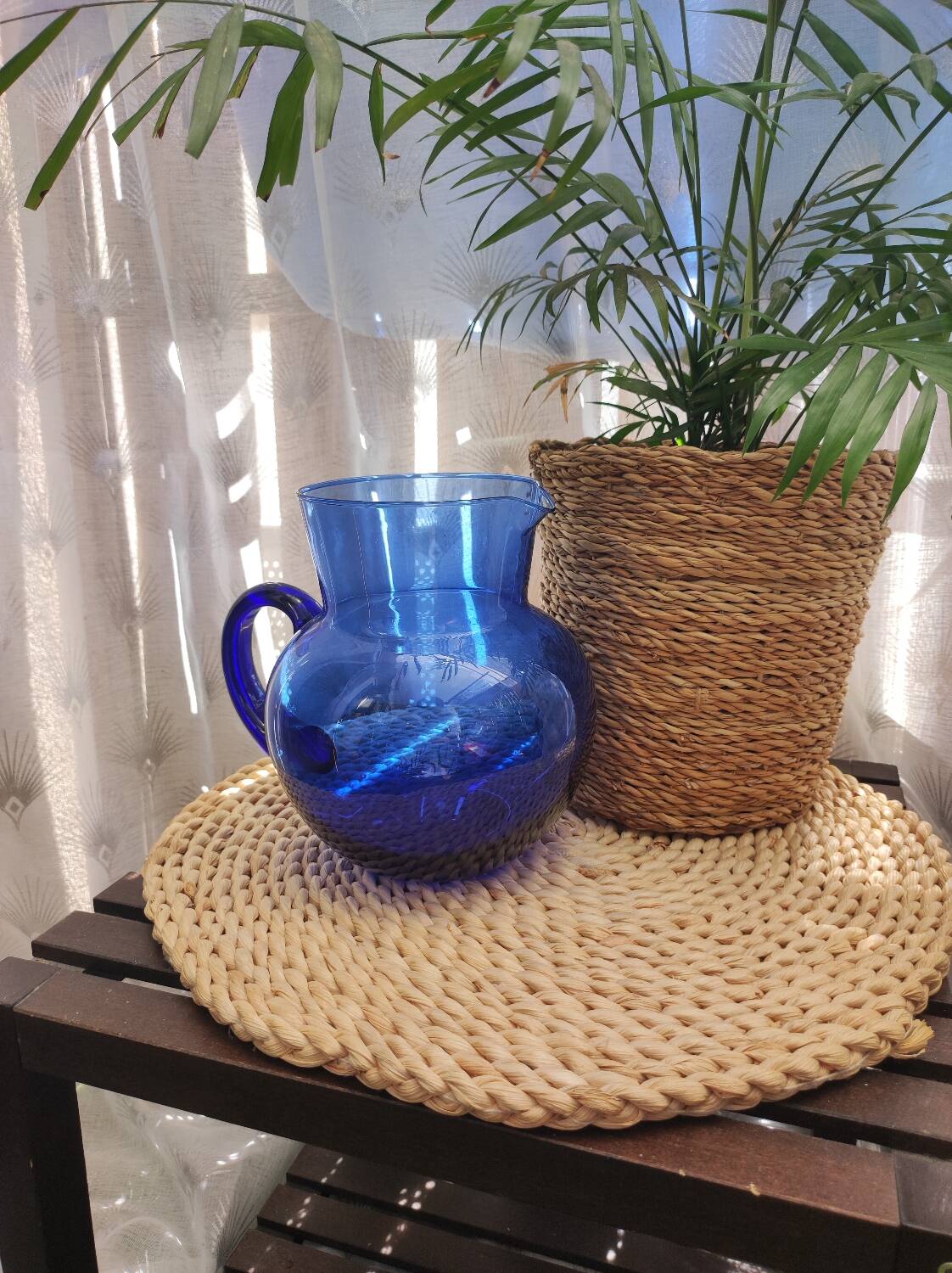 Vintage blue glass pitcher