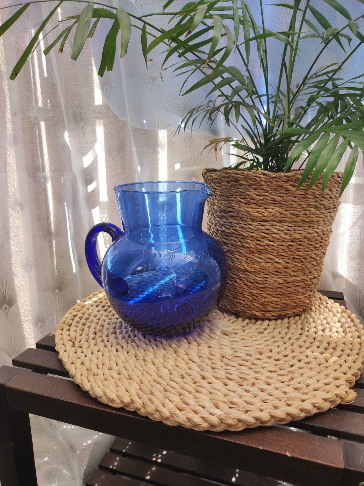 Vintage blue glass pitcher