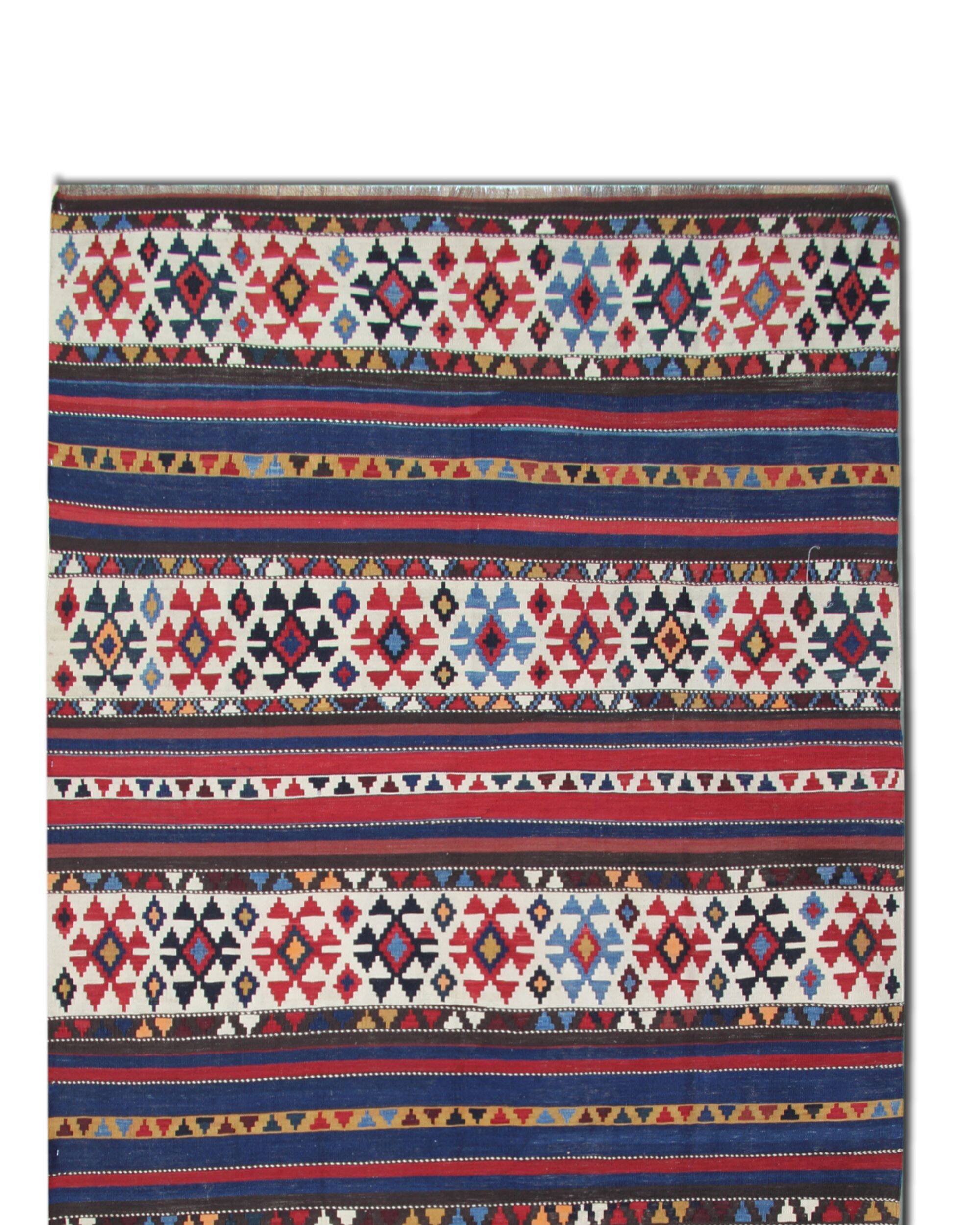 Shirvan Kilim Runner 1940s, Tribal Wool Striped Geometric Rug 340x160cm