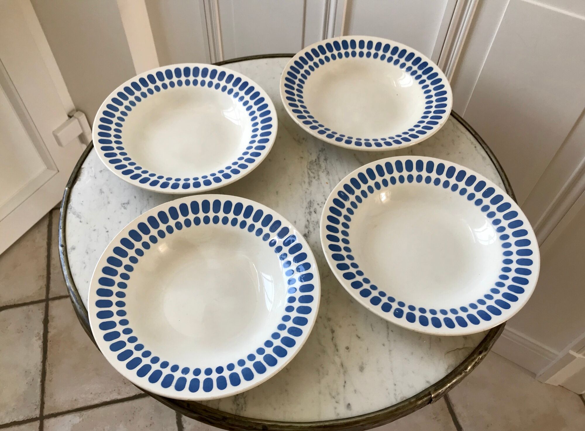 Set of 4 hollow plates Digoin Sarreguemines blue model "Tartan" 40s