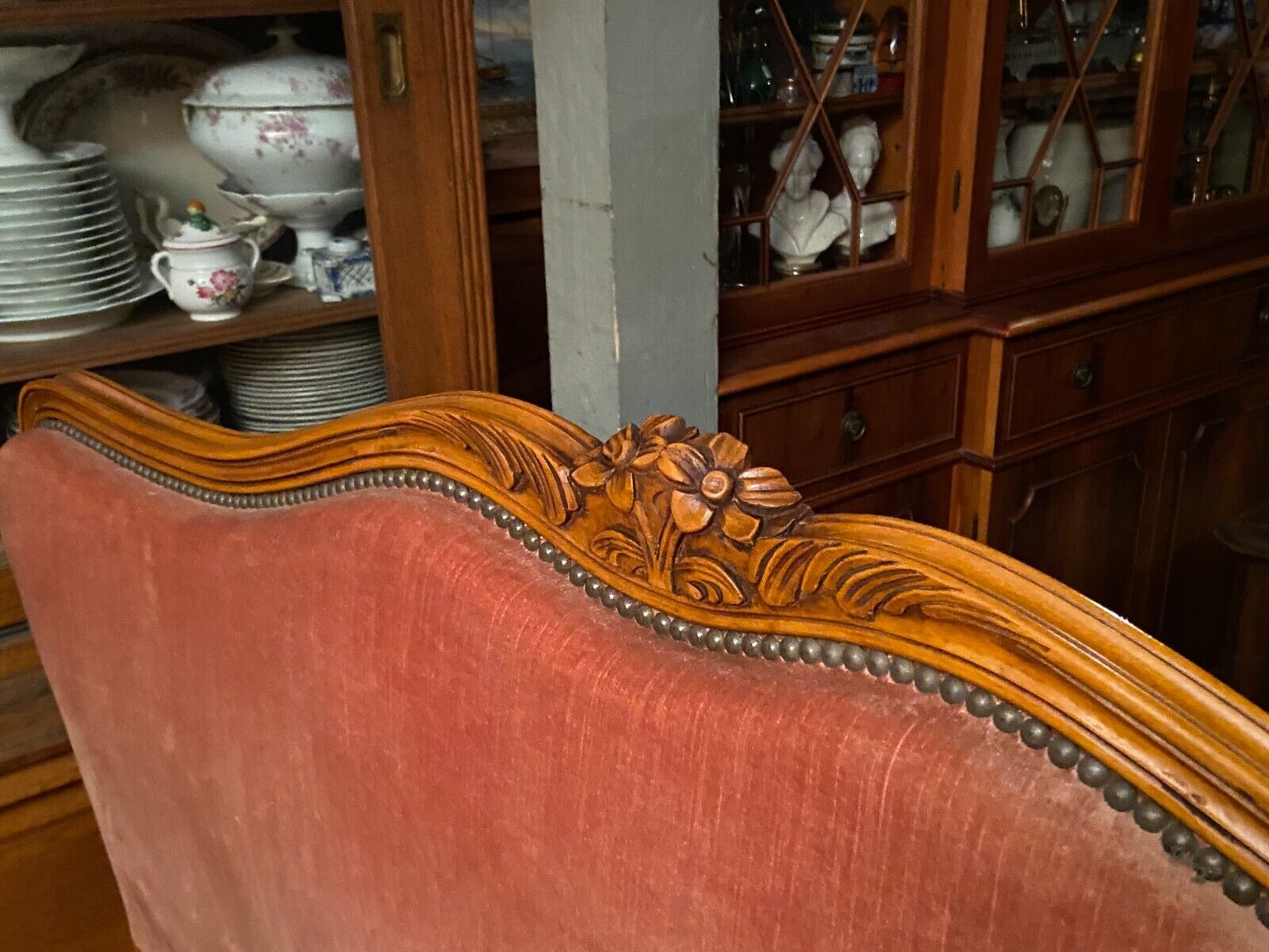 Bed in cherry wood blond carved velvet pink style Louis XV for sleeping 190x140
