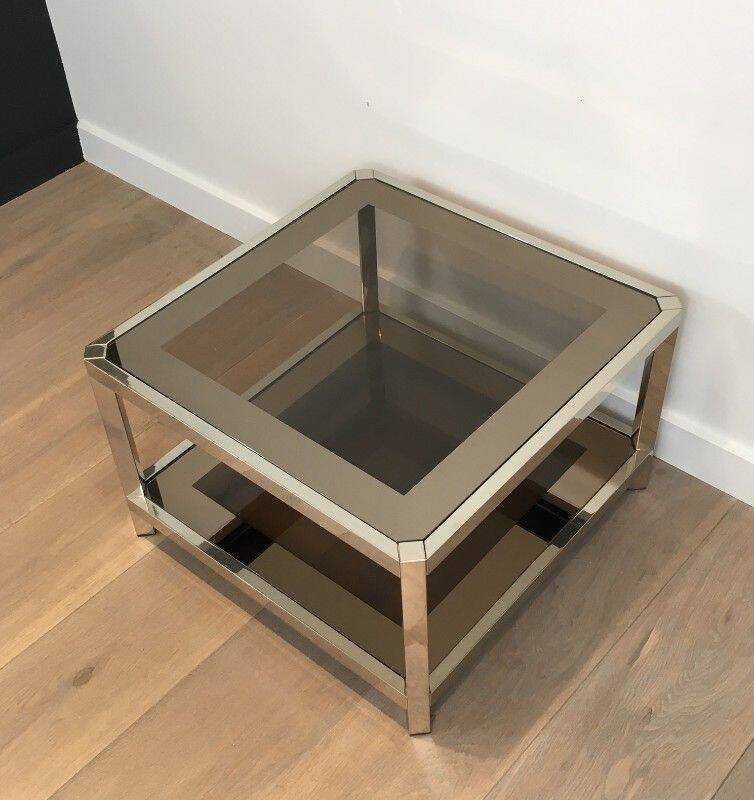 Pair of octagonal chrome side tables with tinted glass tops