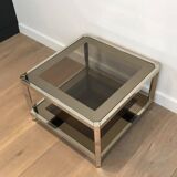 Pair of octagonal chrome side tables with tinted glass tops