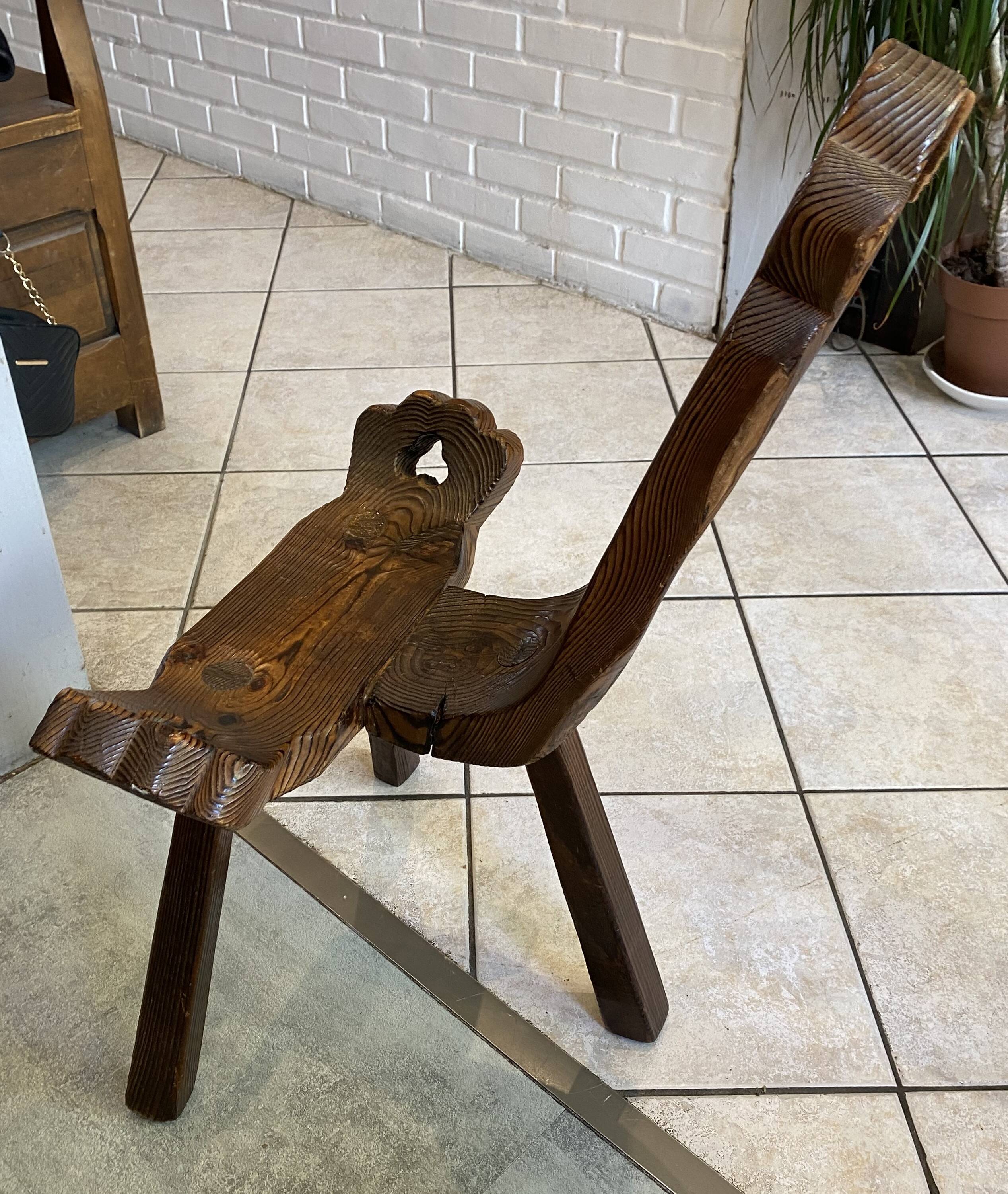 Brutalist tripod chair n1, carved solid wood, antique.