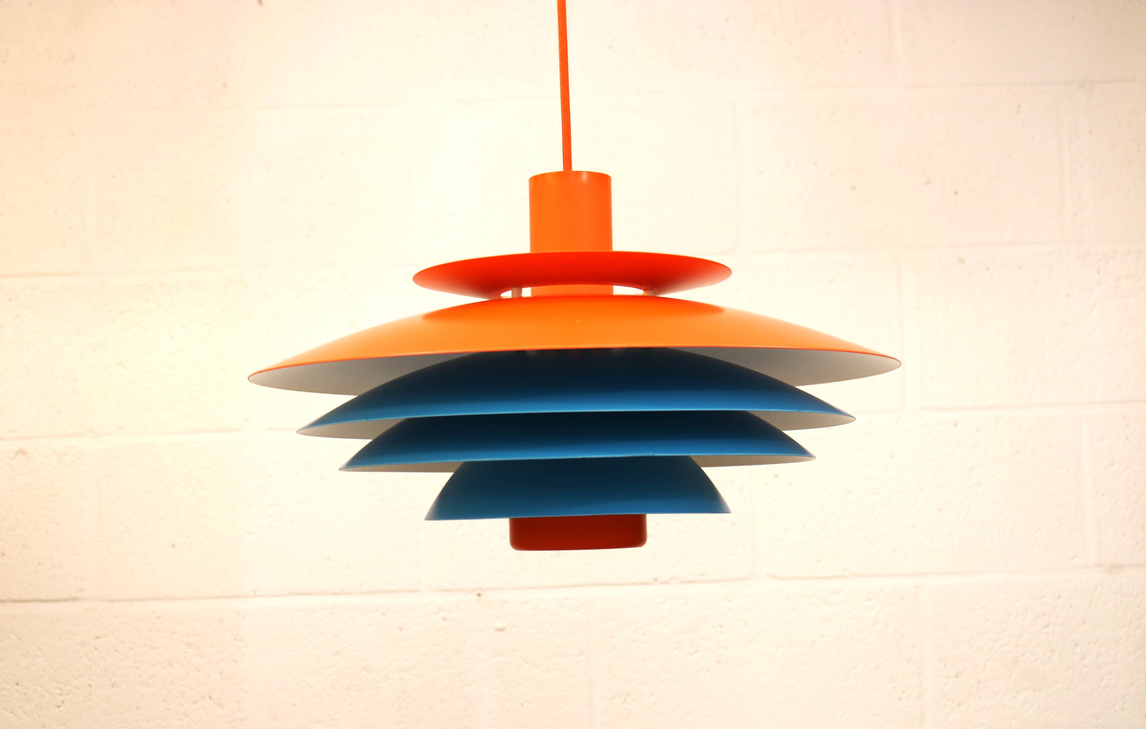 Unique blue and orange pendant lamp by Form Light model 52610, Denmark 70s.
