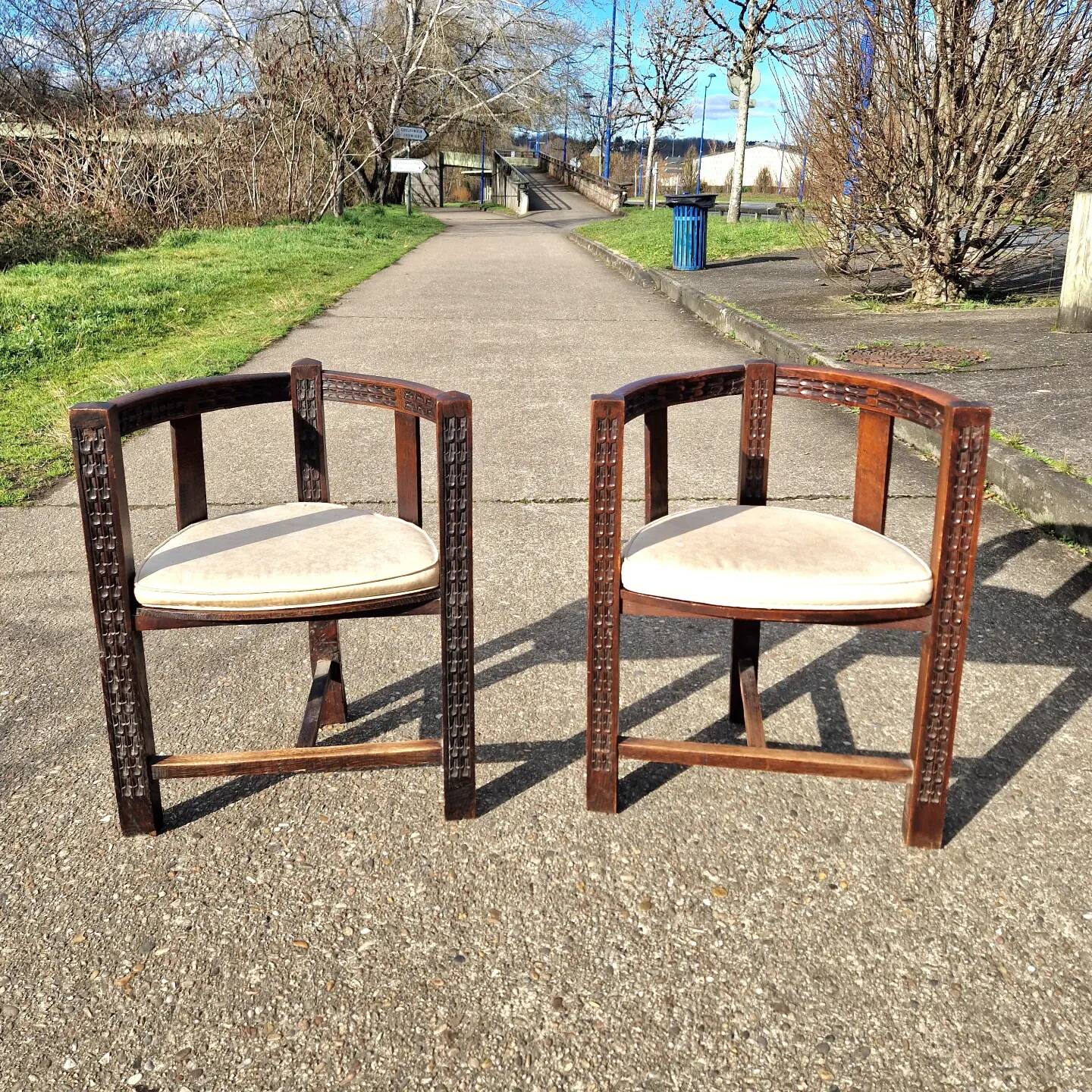 Pair of neo-Basque tripod armchairs