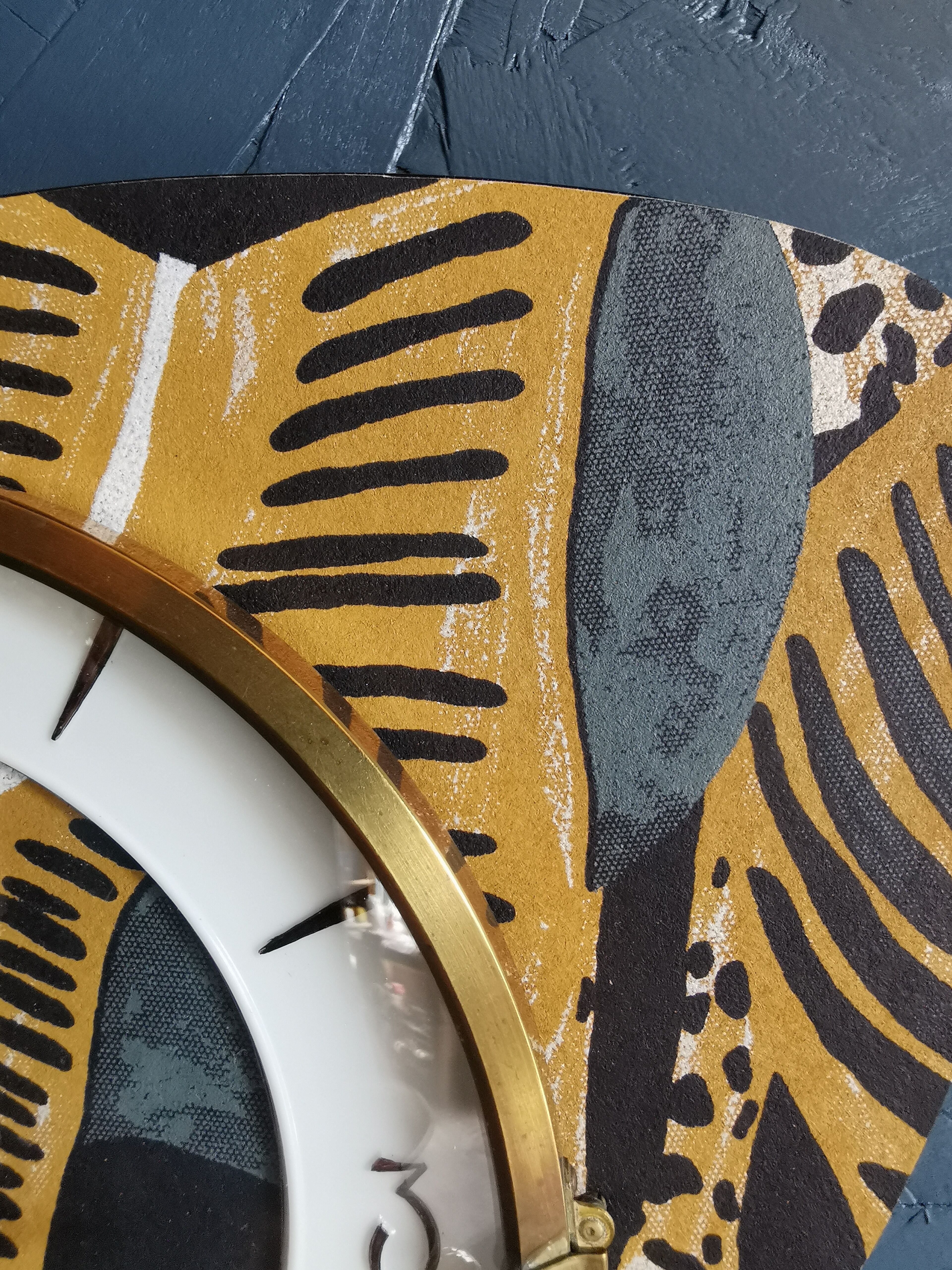 Vintage formica clock asymmetrical silent wall clock "Ochre gray black"