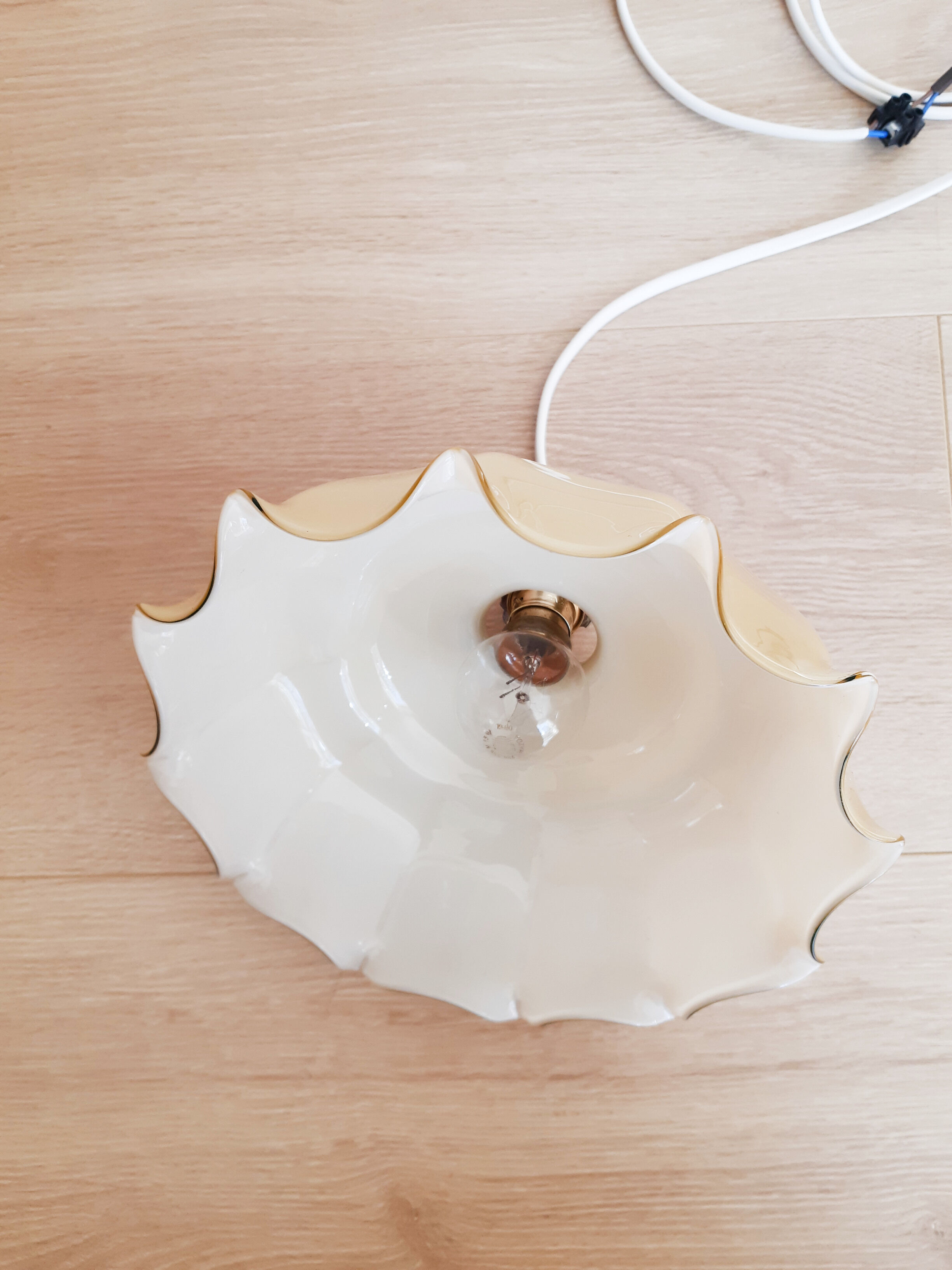 Pendant lamp chandelier, vintage yellow and white glass luminaire, petticoat shape, vintage french