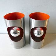 Pair of UFO space age wall lamp in brushed metal and orange lacquered, 70's