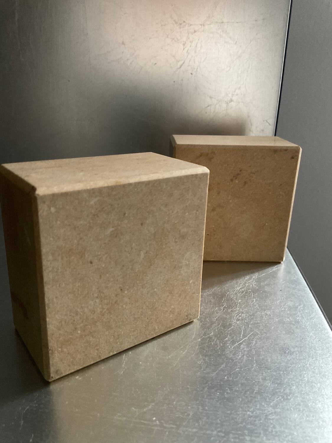Pair of vintage travertine cube candlesticks from the 70s