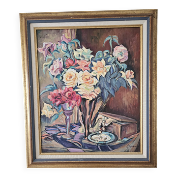 Tableau, huile sur toile, nature morte, bouquet de fleurs signé Bernamonti