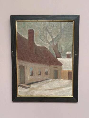 Original Swedish Oil on Canvas “House” by Unknown Artist Vintage & Framed