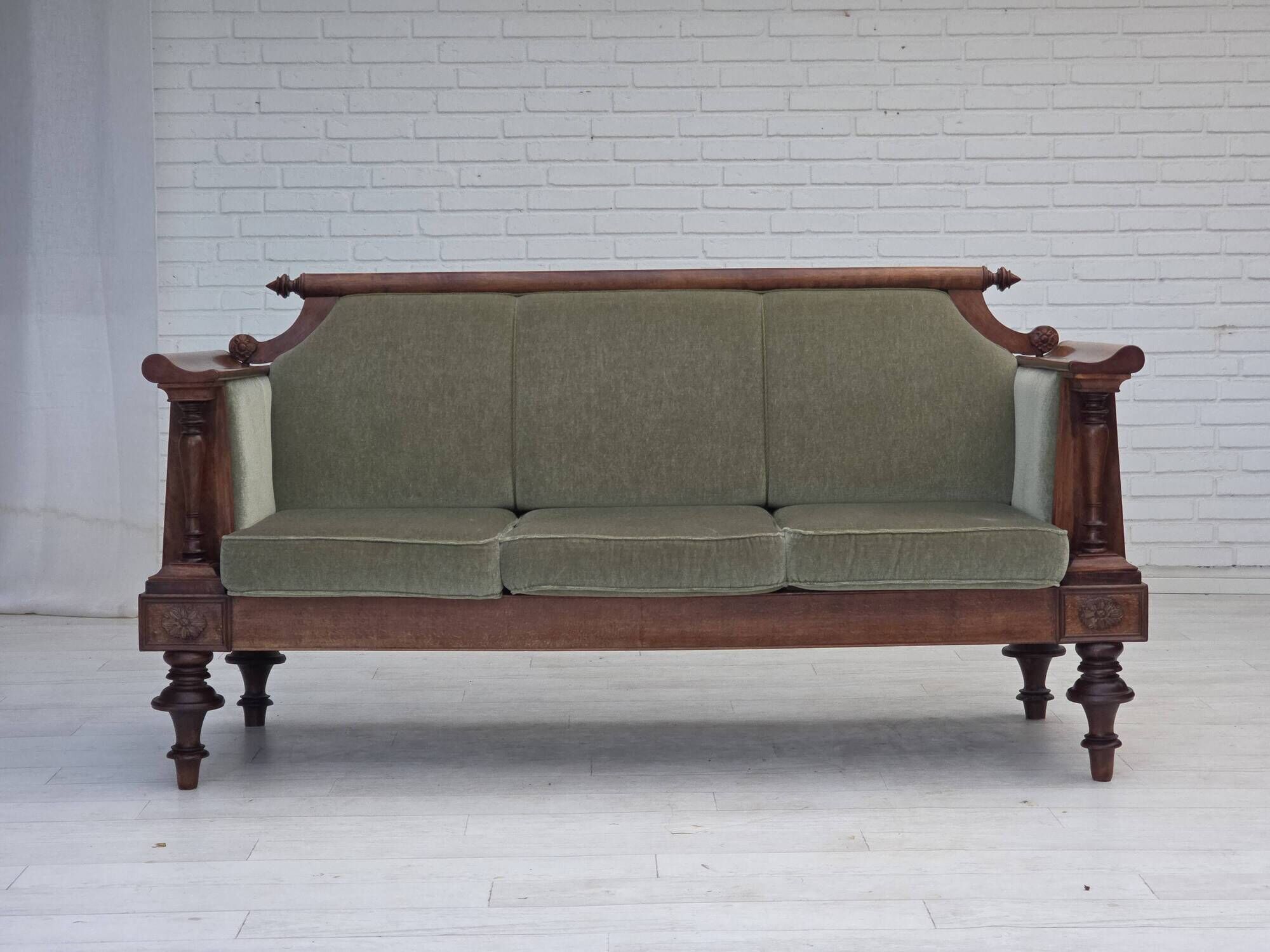 1930s, Danish 3 seater antique sofa, furniture velour, ash wood.