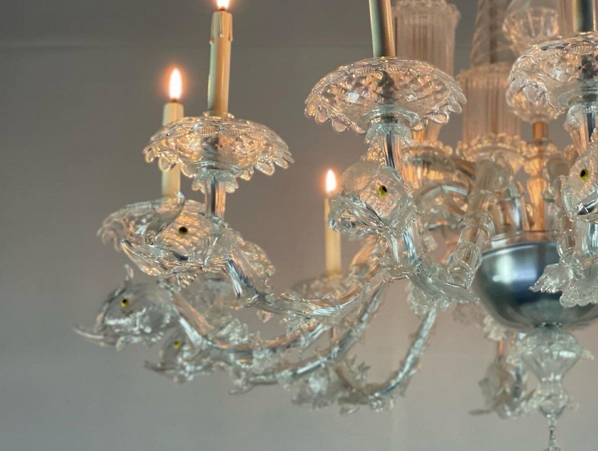 Venetian chandelier in transparent murano glass, 12 arms of light