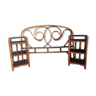Double rattan headboard with pair of bedside