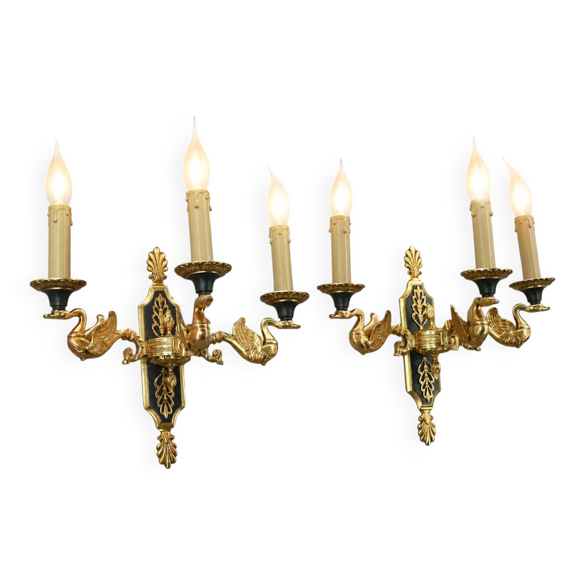 Pair of gold bronze wall lights in Empire style with three lights "Lucien Gau"