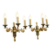 Paire appliques dorée en bronze style empire trois lumières " lucien gau"