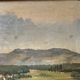 Old oil painting of a landscape on panel from 1920, haystacks.